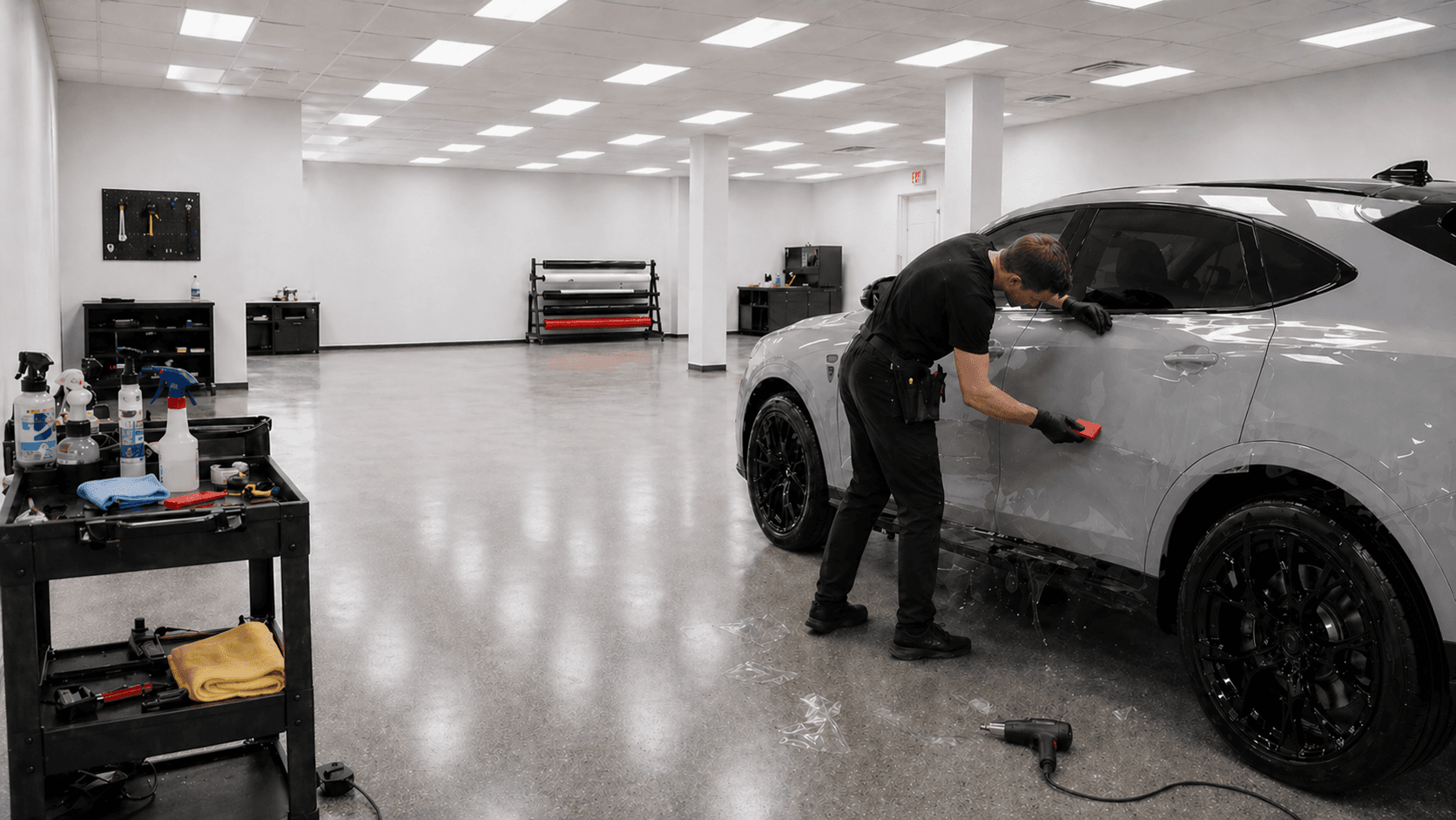 Technician applying paint protection film to a gray SUV