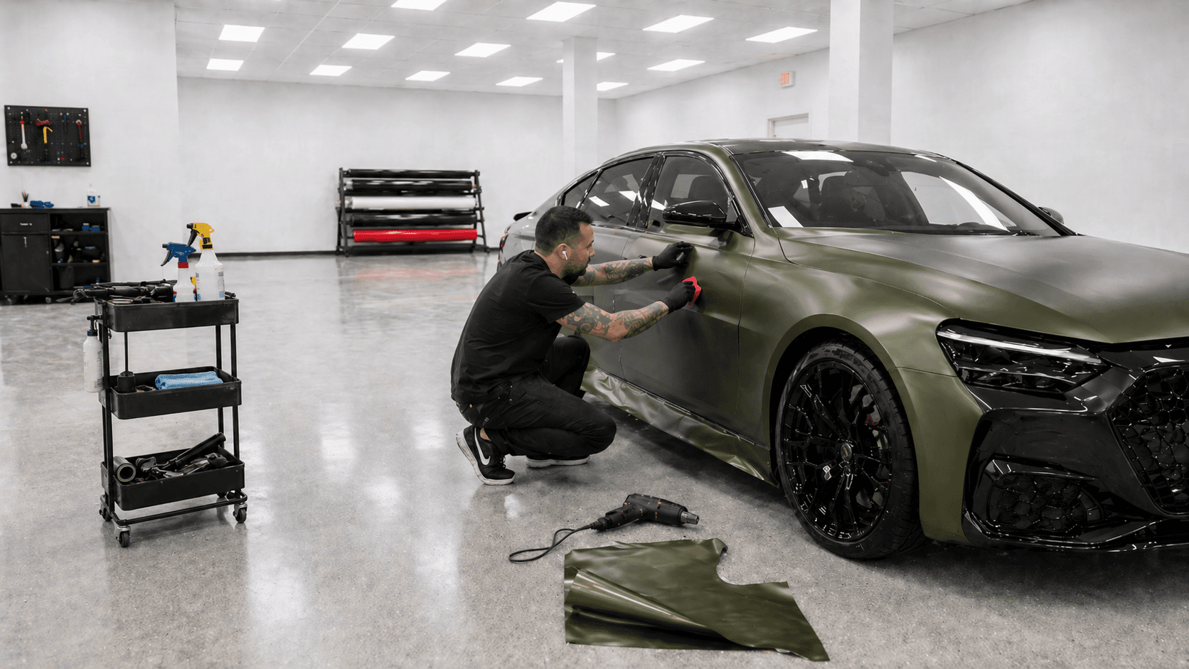 Technician installing a green vehicle wrap